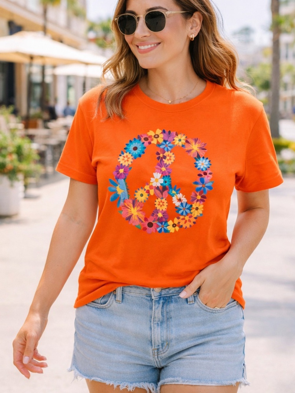 Port & Company Floral Peace Sign Graphic Tee Orange XS Cotton Shirt